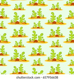 Vector seamless pattern, abstract design. Cute cartoon corals, seaweeds, stones, sand on green background, perfect for fabric, wallpaper, texture, textile, print, paper and more