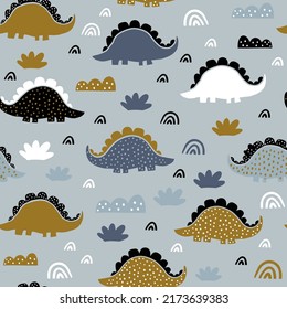 Vector seamless pattern with abstract dinosaurs, clouds, trees, bushes in pastel blue colors. Baby boy dino pattern