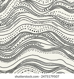 Vector seamless pattern. Abstract dotted wavy texture. Monochrome warped surface. Creative spotty background. Monochrome dotted waves. Can be used as swatch for illustrator.