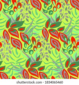 Vector seamless pattern. Abstract drawing with plant elements. Vivid colors in pictures. Hand drawn. Use for printing prints on fabrics, wallpapers and more.