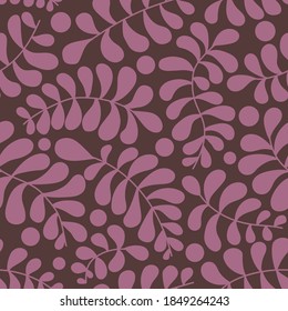 Vector seamless pattern. Abstract drawing with plant elements on a purple background. Vivid colors in pictures. Hand drawn. Use for printing prints on fabrics, wallpapers and more.
