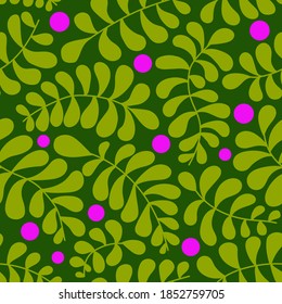 Vector seamless pattern. Abstract drawing with plant elements on a green background. Vivid colors in pictures. Hand drawn. Use for printing prints on fabrics, wallpapers and more.