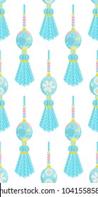 Vector seamless pattern, abstract Eastern design. Cute vertical border, yarn or thread tassels with cute eggs. Perfect for Eastern or spring background, cards, textile. Punch pastel colors 