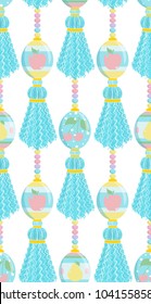 Vector seamless pattern, abstract Eastern design. Cute vertical border, yarn or thread tassels with cute eggs. Perfect for Eastern or spring background, cards, textile. Punch pastel colors 