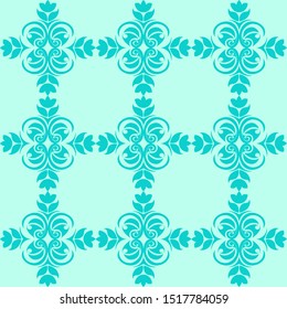 Vector seamless pattern of abstract elements or butterflies and leaves with blue flowers on a turquoise background. Decoration for fabrics or tiles