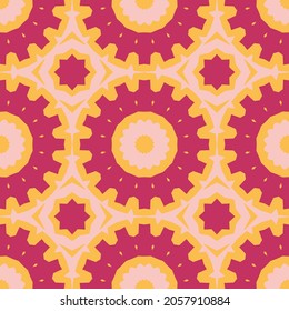 Vector seamless pattern with abstract elements, mix of mandalas, flowers, gears, rail path, dots, diamonds. Perfect for paper, poster, card, fabric. Spring and summer colors, yellow, pink. EPS 10.
