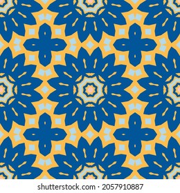 Vector seamless pattern with abstract elements, mix of mandalas, flowers and cross. Cute design for paper, poster, card, fabric. Spring and summer colors, yellow, pink, blue, pastel shades. EPS 10.