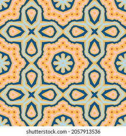 Vector seamless pattern with abstract elements, mix of flowers, strokes, dots, stars. Cute design for paper, poster, card, fabric. Spring and summer colors, yellow, pink, blue, pastel shades. EPS 10.