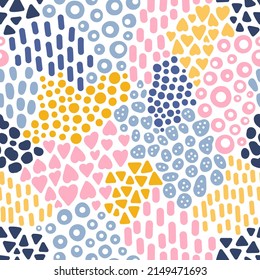 Vector seamless pattern with abstract elements. Dots, circles, hearts, stones on white background. Hand drawn illustration in flat style.