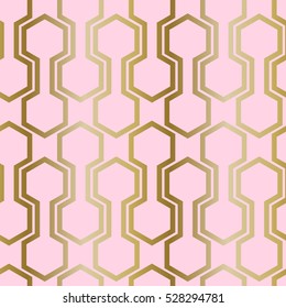 Vector seamless pattern with abstract elements. Geometric shapes with gold gradient effect on pink background
