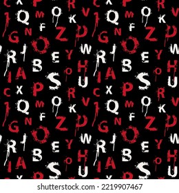 Vector seamless pattern with abstract english letters in form of black and red paint blots and splashes on a black backdrop. Design for fashion print, wallpaper, wrapping paper, fabric or background