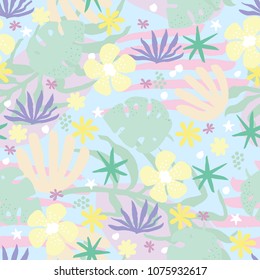 Vector seamless pattern with abstract exotic plants on a light blue background.