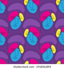 Vector seamless pattern with abstract faces. Line drawn portrait of people. Modern abstract faces with abstract shapes. Minimalism concept. Line art drawing style.