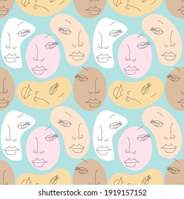 Vector seamless pattern with abstract faces. Line drawn portrait of people. Modern abstract faces with abstract shapes. Minimalism concept. Line art drawing style.