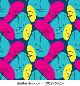 Vector seamless pattern with abstract faces. Line drawn portrait of people. Modern abstract faces with abstract shapes. Minimalism concept. Line art drawing style.