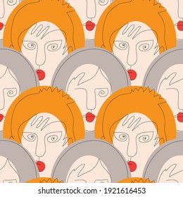 Vector seamless pattern with abstract faces. Line drawn portrait of people. Modern abstract faces with abstract shapes. Minimalism concept. Line art drawing style.