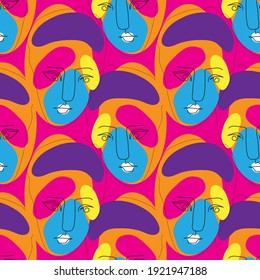 Vector seamless pattern with abstract faces. Line drawn portrait of people. Modern abstract faces with abstract shapes. Minimalism concept. Line art drawing style.