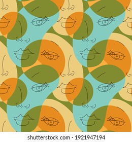 Vector seamless pattern with abstract faces. Line drawn portrait of people. Modern abstract faces with abstract shapes. Minimalism concept. Line art drawing style.