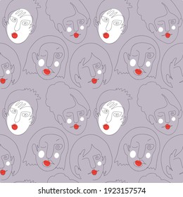 Vector seamless pattern with abstract faces. Line drawn portrait of people. Modern abstract faces with abstract shapes. Minimalism concept. Line art drawing style.