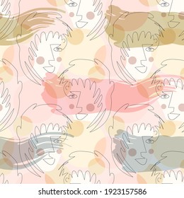 Vector seamless pattern with abstract faces. Line drawn portrait of people. Modern abstract faces with abstract shapes. Minimalism concept. Line art drawing style.