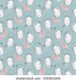 Vector seamless pattern with abstract faces. Line drawn portrait of people. Modern abstract faces with abstract shapes. Minimalism concept. Line art drawing style.