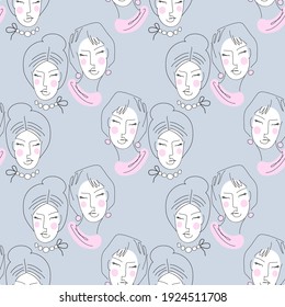 Vector seamless pattern with abstract faces. Line drawn portrait of people. Modern abstract faces with abstract shapes. Minimalism concept. Line art drawing style.