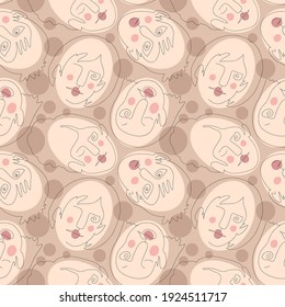 Vector seamless pattern with abstract faces. Line drawn portrait of people. Modern abstract faces with abstract shapes. Minimalism concept. Line art drawing style.