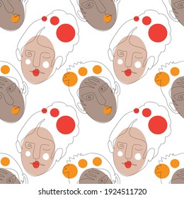 Vector seamless pattern with abstract faces. Line drawn portrait of people. Modern abstract faces with abstract shapes. Minimalism concept. Line art drawing style.