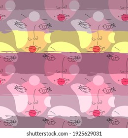 Vector seamless pattern with abstract faces. Line drawn portrait of people. Modern abstract faces with abstract shapes. Minimalism concept. Line art drawing style.