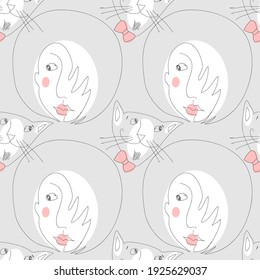 Vector seamless pattern with abstract faces. Line drawn portrait of people with cats. Modern abstract faces with abstract shapes. Minimalism concept. Line art drawing style.