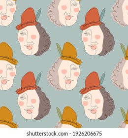 Vector seamless pattern with abstract faces. Line drawn portrait of people with hats. Modern abstract faces with abstract shapes. Minimalism concept. Line art drawing style.