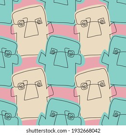 Vector seamless pattern with abstract faces. Line drawn portrait of people. Modern abstract faces with abstract shapes. Minimalism concept. Line art drawing style.