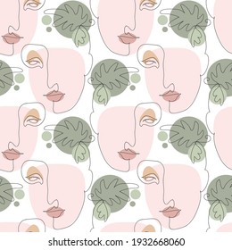 Vector seamless pattern with abstract faces. Line drawn portrait of people. Modern abstract faces with abstract shapes. Minimalism concept. Line art drawing style.