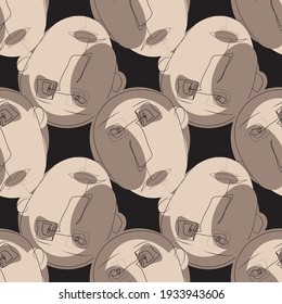 Vector seamless pattern with abstract faces. Line drawn portrait of people. Modern abstract faces with abstract shapes. Minimalism concept. Line art drawing style.
