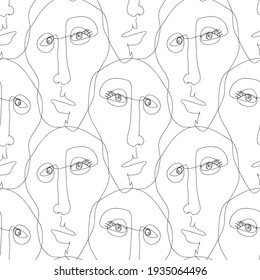 Vector seamless pattern with abstract faces. Line drawn portrait of people. Modern abstract faces with abstract shapes. Minimalism concept. Line art drawing style.