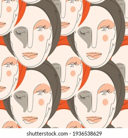 Vector seamless pattern with abstract faces. Line drawn portrait of people. Modern abstract faces with abstract shapes. Minimalism concept. Line art drawing style.