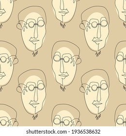 Vector seamless pattern with abstract faces. Line drawn portrait of people. Modern abstract faces with abstract shapes. Minimalism concept. Line art drawing style.