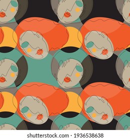 Vector seamless pattern with abstract faces. Line drawn portrait of people. Modern abstract faces with abstract shapes. Minimalism concept. Line art drawing style.