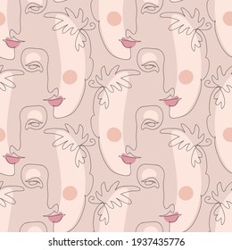 Vector seamless pattern with abstract faces. Line drawn portrait of people. Modern abstract faces with abstract shapes. Minimalism concept. Line art drawing style.