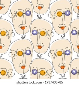 Vector seamless pattern with abstract faces. Line drawn portrait of people. Modern abstract faces with abstract shapes. Minimalism concept. Line art drawing style.