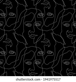 Vector seamless pattern with abstract faces. Line drawn portrait of people. Modern abstract faces with abstract shapes. Minimalism concept. Line art drawing style. White and black.