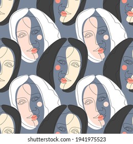 Vector seamless pattern with abstract faces. Line drawn portrait of people. Modern abstract faces with abstract shapes. Minimalism concept. Line art drawing style.