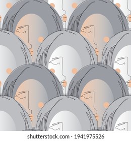 Vector seamless pattern with abstract faces. Line drawn portrait of people. Modern abstract faces with abstract shapes. Minimalism concept. Line art drawing style.