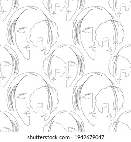 Vector seamless pattern with abstract faces. Line drawn portrait of people. Modern abstract faces with abstract shapes. Minimalism concept. Line art drawing style. White and black.