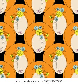 Vector seamless pattern with abstract faces. Line drawn portrait of people. Modern abstract faces with abstract shapes. Minimalism concept. Line art drawing style.