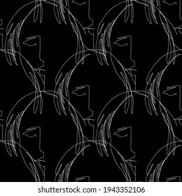 Vector seamless pattern with abstract faces. Line drawn portrait of people. Modern abstract faces with abstract shapes. Minimalism concept. Line art drawing style. White and black.
