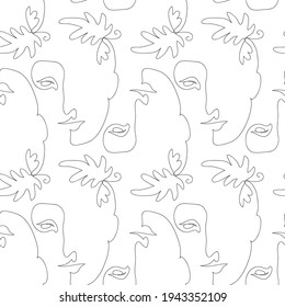 Vector seamless pattern with abstract faces. Line drawn portrait of people. Modern abstract faces with abstract shapes. Minimalism concept. Line art drawing style. White and black.