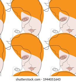 Vector seamless pattern with abstract faces. Line drawn portrait of people. Modern abstract faces with abstract shapes. Minimalism concept. Line art drawing style.