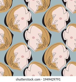 Vector seamless pattern with abstract faces. Line drawn portrait of people. Modern abstract faces with abstract shapes. Minimalism concept. Line art drawing style.