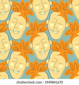 Vector seamless pattern with abstract faces. Line drawn portrait of people. Modern abstract faces with abstract shapes. Minimalism concept. Line art drawing style.